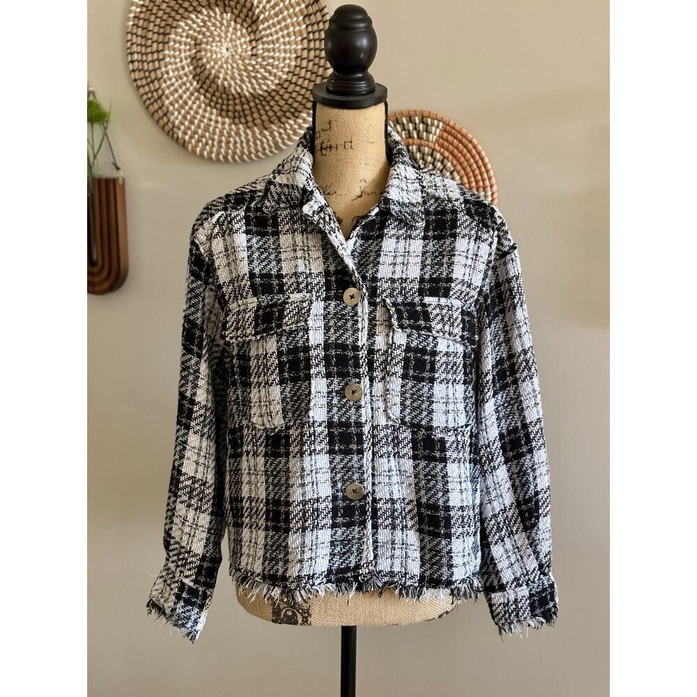 Zara Cropped Jacket Womens XS Black/White/Lt Blue Plaid Tweed/Textured Fringed